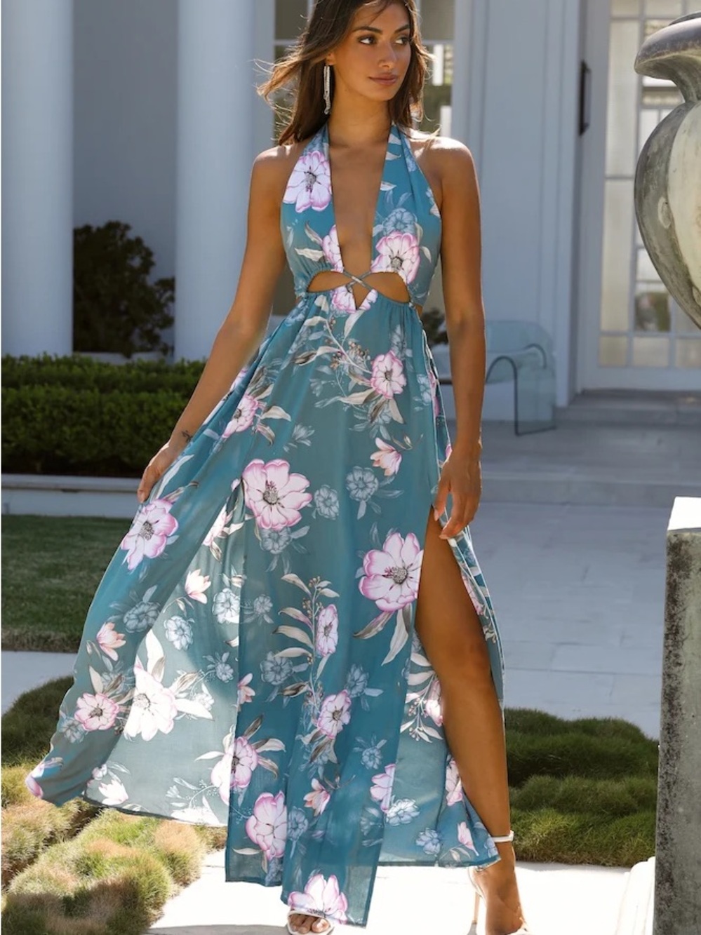 Teal Floral Halter Midi Dress- Hello Molly- Size M